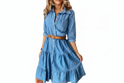 Belted Denim Midi Dress | Three-Quarter Sleeve Ruffle & Button Detail