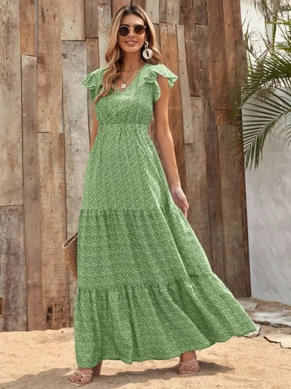 The Printed V-Neck Ruffle Sleeve Maxi Dress – 4 Colors, Sizes S–2XL