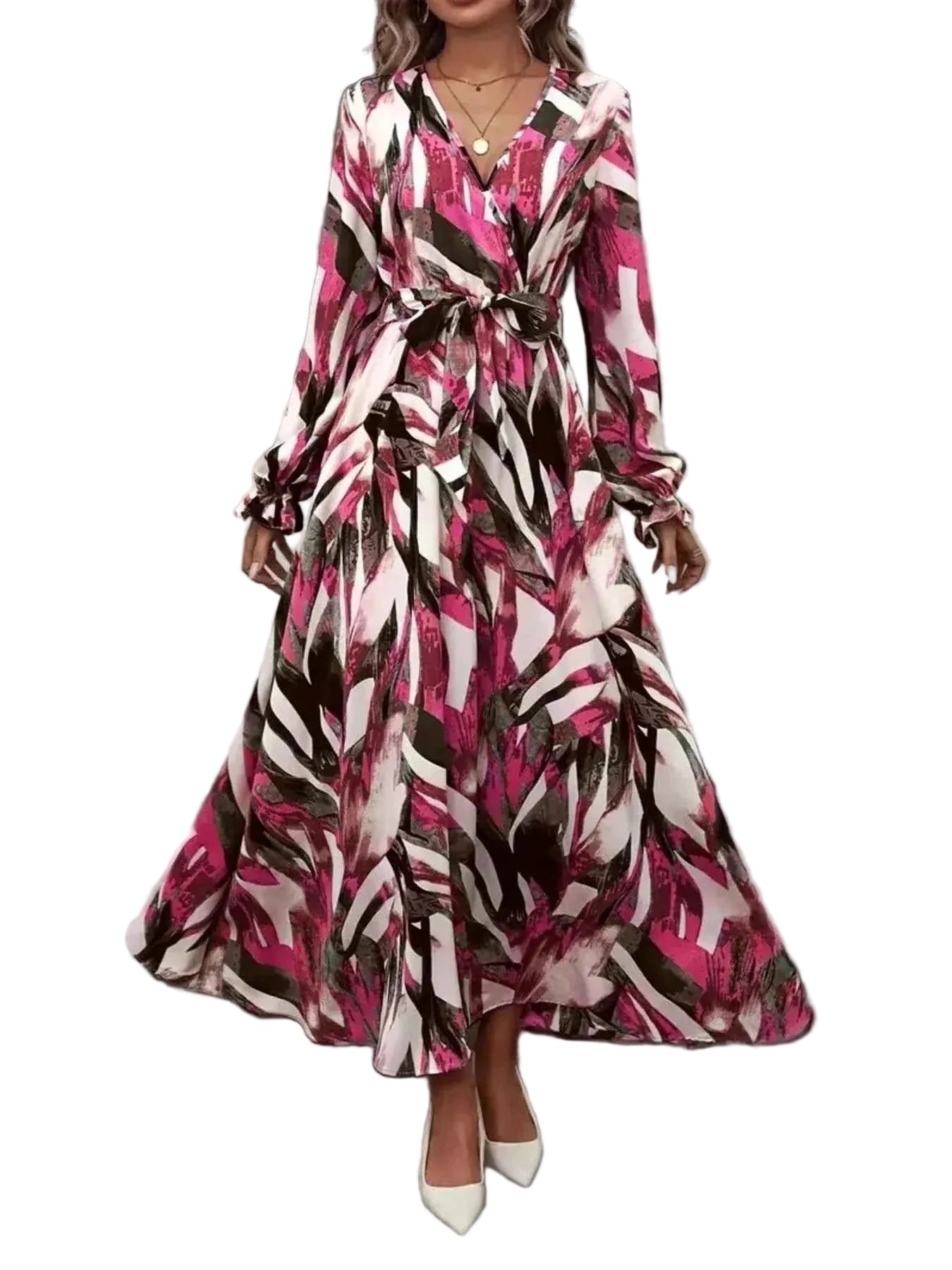 The Printed Surplice Flounce Sleeve Maxi Dress – Self-Tie Belt, Camel & Red, S–XL