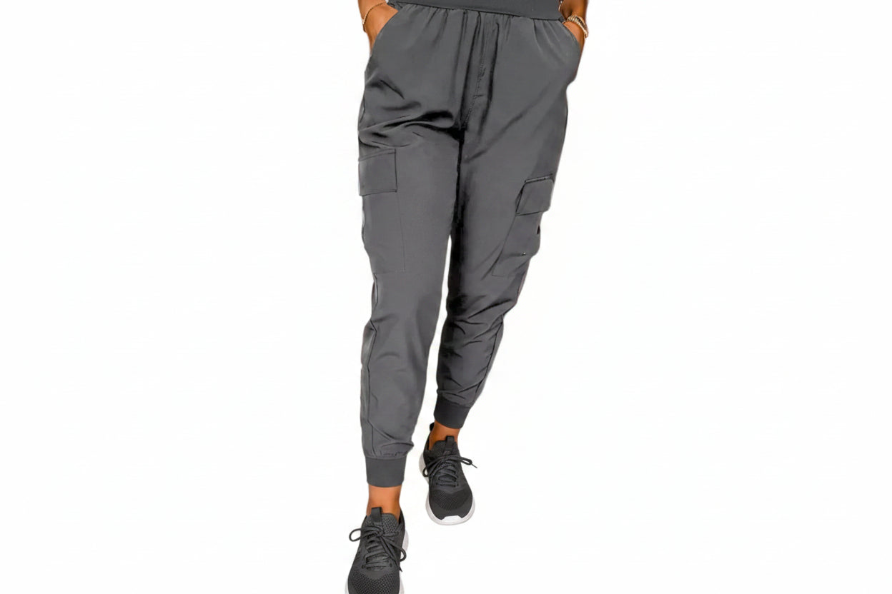 Elastic High Waist Pocketed Cargo Jogger Pants | Dark Gray Dark Gray