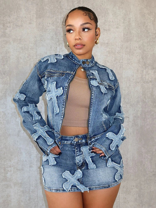 Women's Embroidered Denim Cargo Outfit - Full Sleeve Jacket & Pants