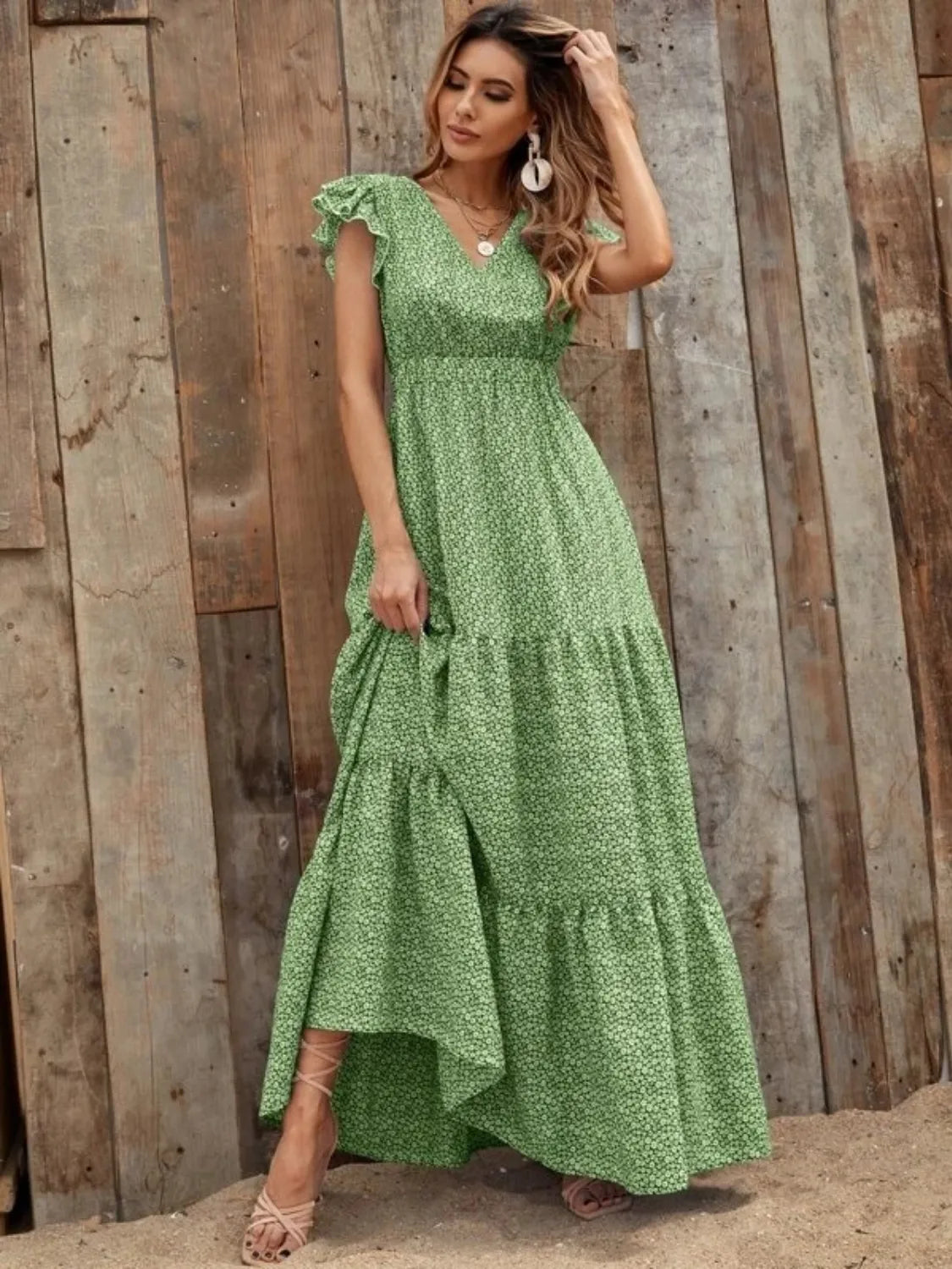 The Printed V-Neck Ruffle Sleeve Maxi Dress – 4 Colors, Sizes S–2XL Green