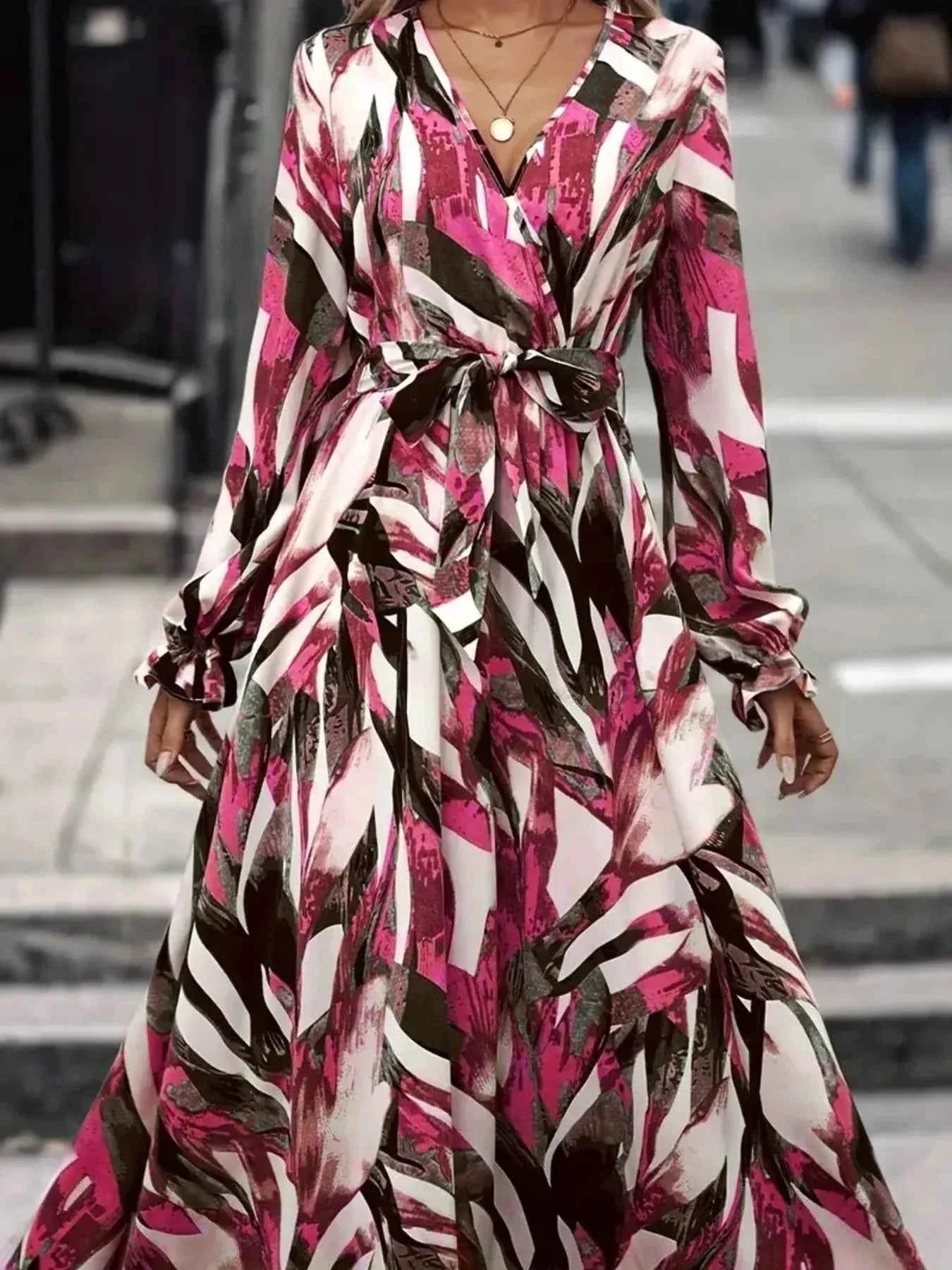 The Printed Surplice Flounce Sleeve Maxi Dress – Self-Tie Belt, Camel & Red, S–XL