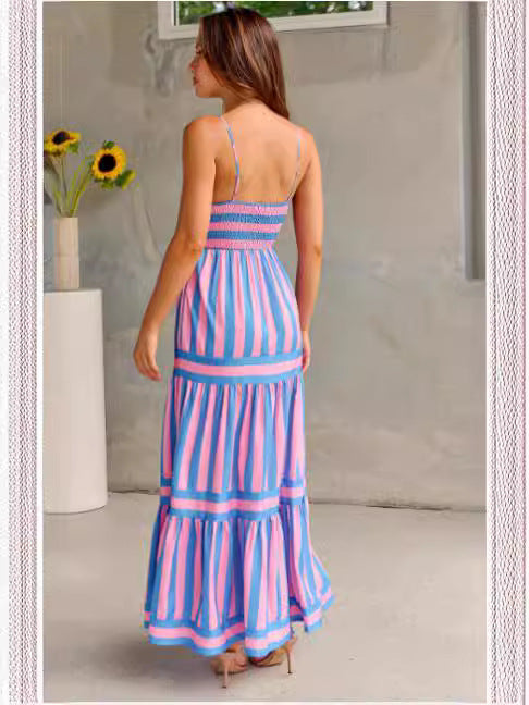 The Striped Square Neck Backless Maxi Dress – Spaghetti Strap, Pockets, 5 Colors