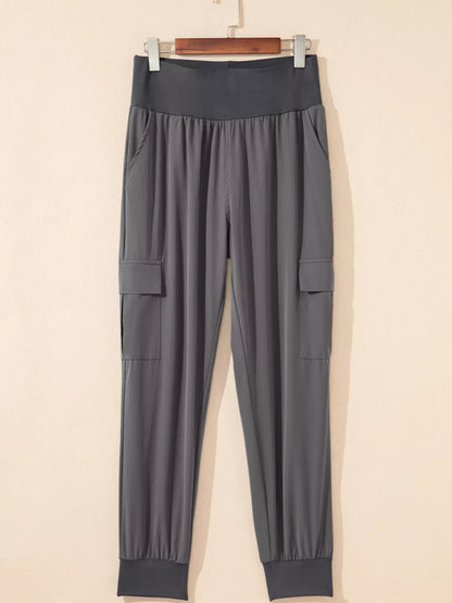 Elastic High Waist Pocketed Cargo Jogger Pants | Dark Gray
