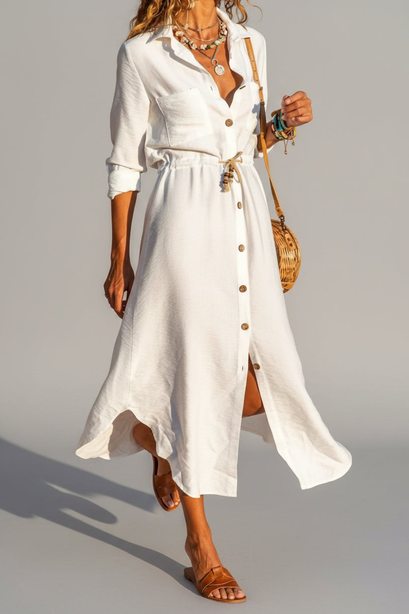Button-Front Belted Shirt Dress White