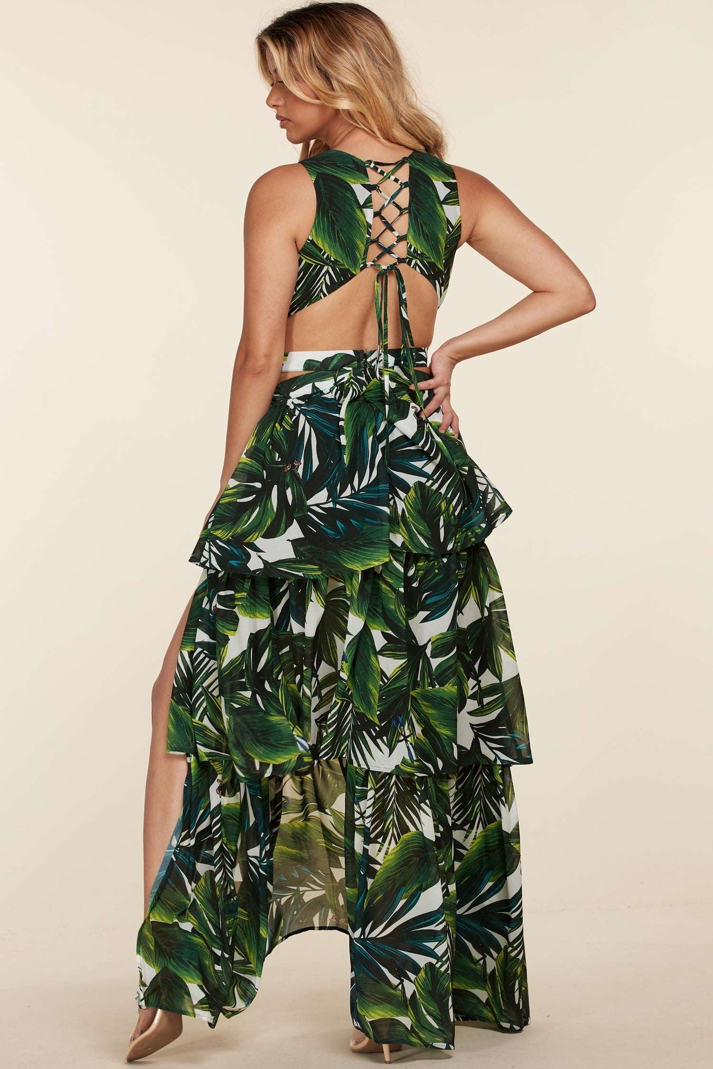 Tropical Leaf Open Front Maxi Dress – Monokini-Inspired Cutout Resort Wear