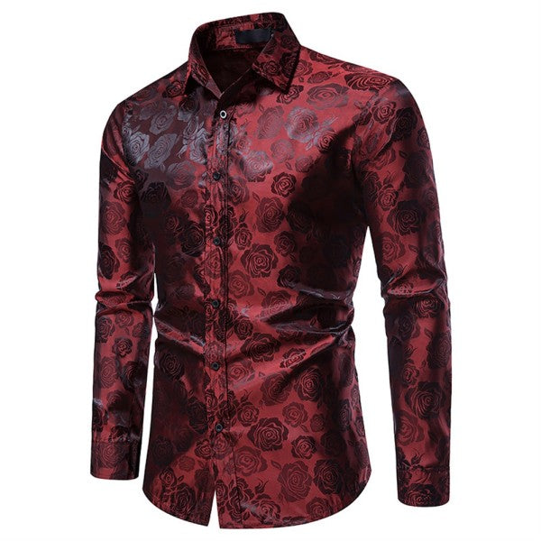 Men's Rose Jacquard Long Sleeve Shirt | Slim Fit Floral Button-Down Dress Shirt