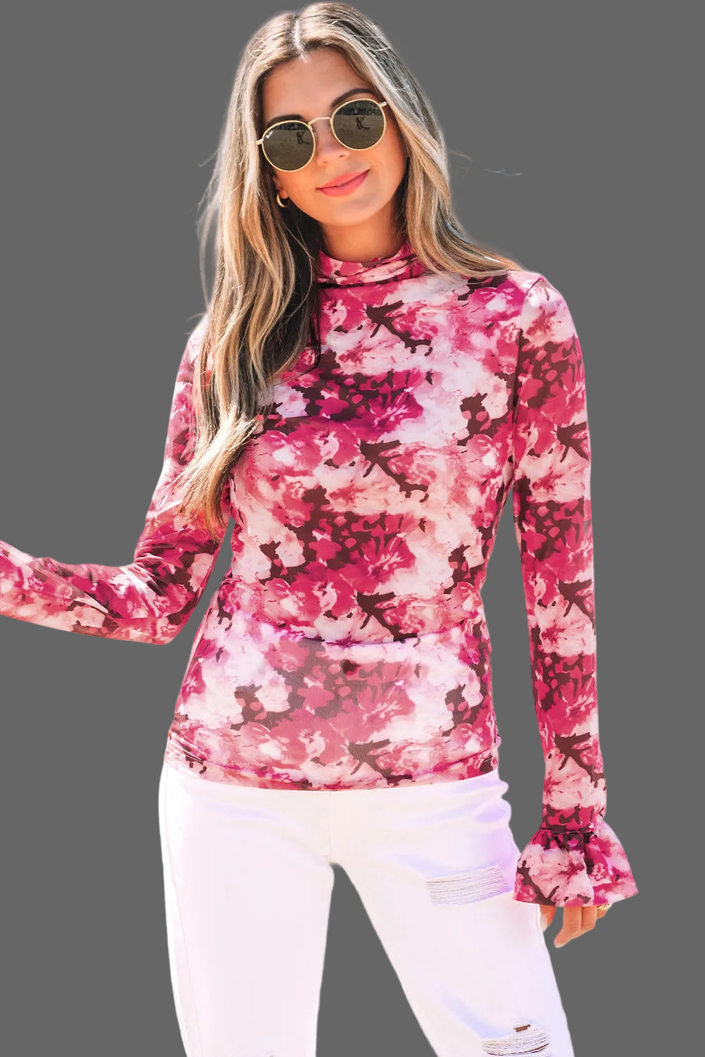 Rose Floral Mesh Flounce Sleeve Mock Neck Blouse