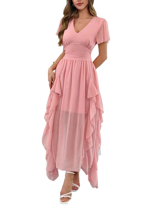 V-Neck Flutter Sleeve Ruffled Maxi Dress - Pink Flowy Summer Occasion Dress