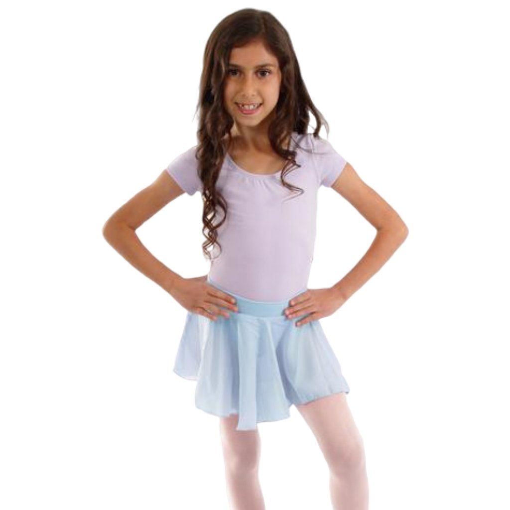 Young girl wearing a light purple top and light blue skirt on a white background
