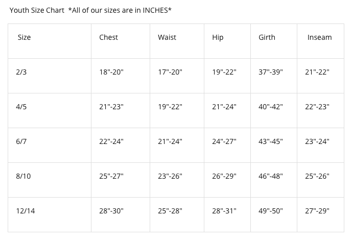 Youth size chart in inches with size ranges for chest, waist, hip, girth, and inseam.