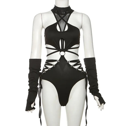Gothic Techwear Hollow-Out Bodysuit Black