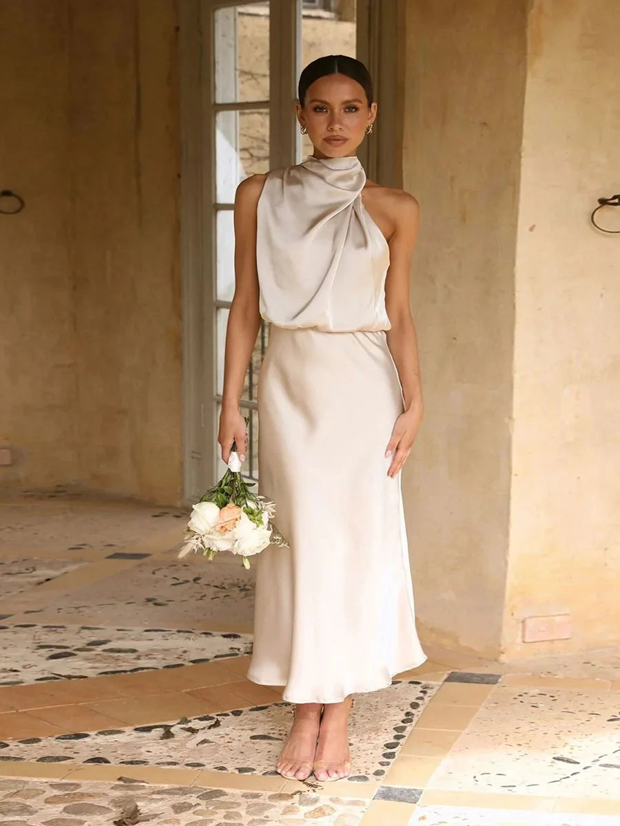 Jeffry Sleeveless Midi Dress | Fitted Bodice & Flowy Skirt — Apricot, Black, Light Green, Navy Blue & Rose Red Apricot