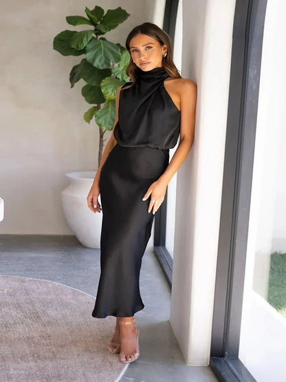 Jeffry Sleeveless Midi Dress | Fitted Bodice & Flowy Skirt — Apricot, Black, Light Green, Navy Blue & Rose Red Black