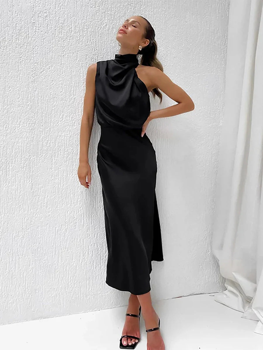 Jeffry Sleeveless Midi Dress | Fitted Bodice & Flowy Skirt — Apricot, Black, Light Green, Navy Blue & Rose Red
