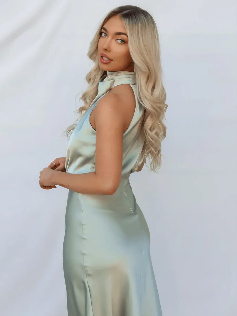 Jeffry Sleeveless Midi Dress | Fitted Bodice & Flowy Skirt — Apricot, Black, Light Green, Navy Blue & Rose Red