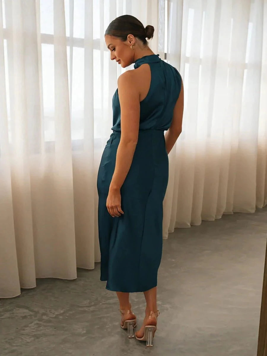 Jeffry Sleeveless Midi Dress | Fitted Bodice & Flowy Skirt — Apricot, Black, Light Green, Navy Blue & Rose Red