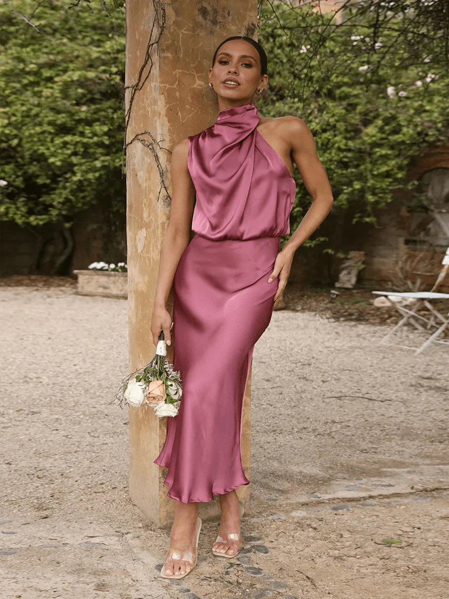 Jeffry Sleeveless Midi Dress | Fitted Bodice & Flowy Skirt — Apricot, Black, Light Green, Navy Blue & Rose Red