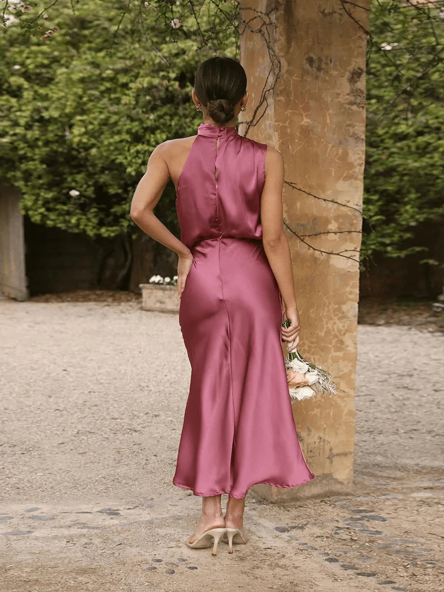 Jeffry Sleeveless Midi Dress | Fitted Bodice & Flowy Skirt — Apricot, Black, Light Green, Navy Blue & Rose Red