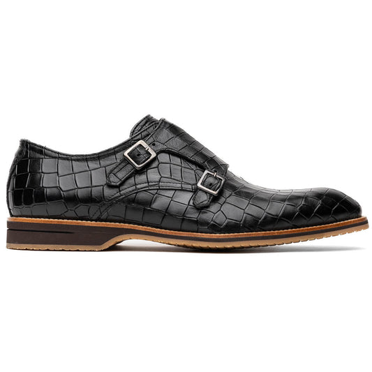 Zelli Italia Legerra Men's Double Monk Strap – Hand Burnished Crocodile Print, Black