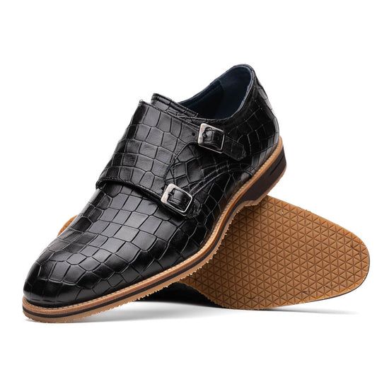 Zelli Italia Legerra Men's Double Monk Strap – Hand Burnished Crocodile Print, Black