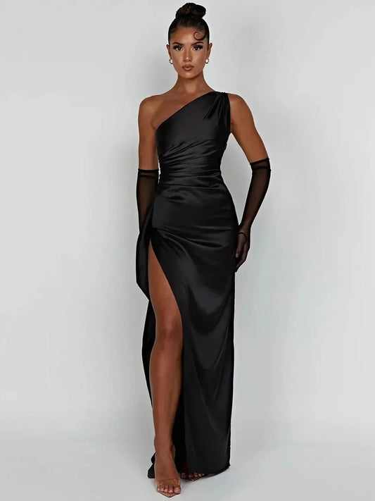 Manny One Shoulder Satin Maxi Dress Black