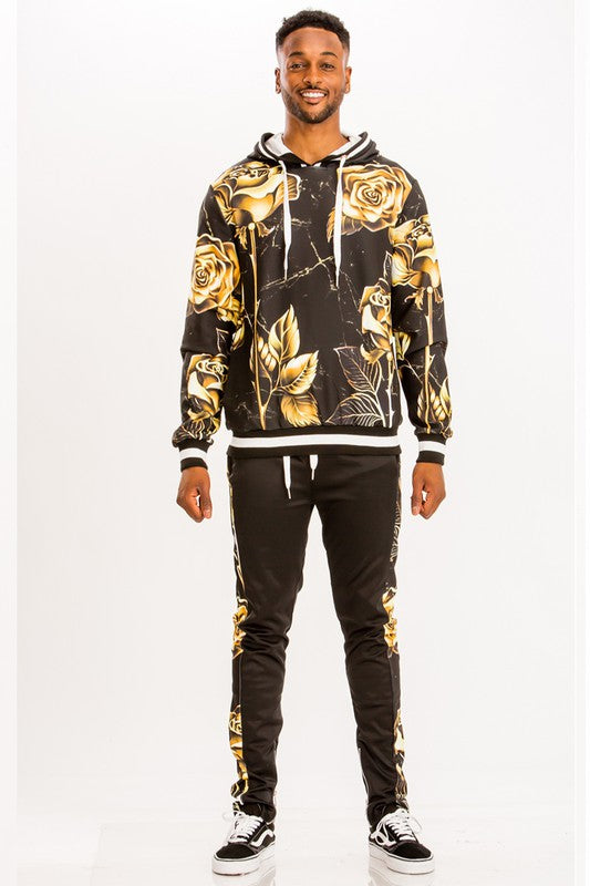 Gold Floral Print Hoodie and Sweatpants Set | Men's Designer Tracksuit MULTI S
