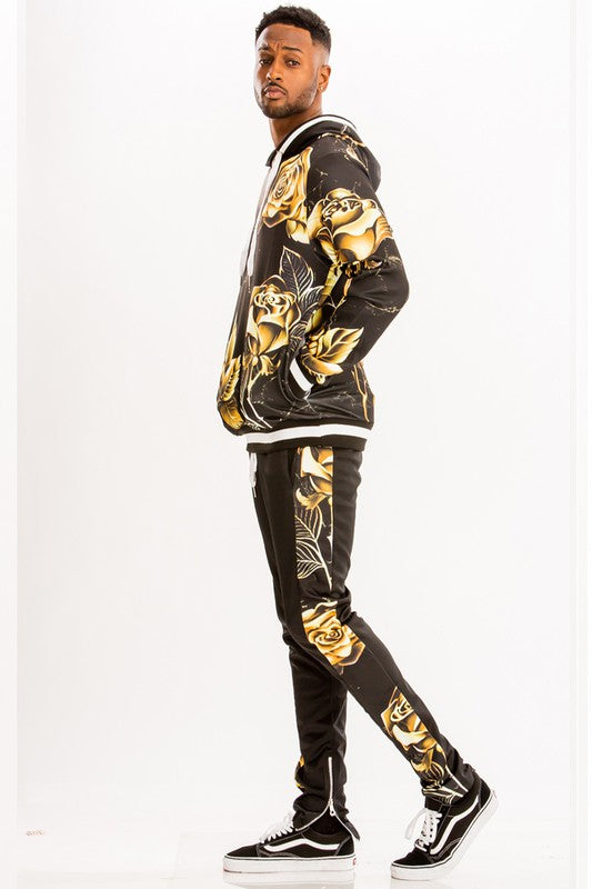 Gold Floral Print Hoodie and Sweatpants Set | Men's Designer Tracksuit