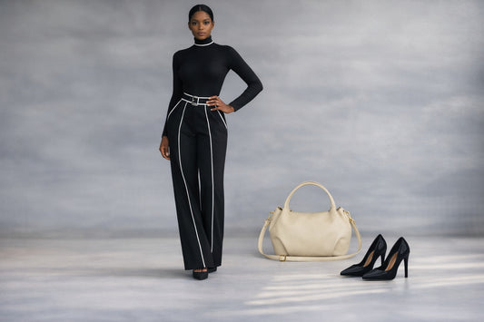 Elegant Stand Collar Contrast Binding Knit Set – Two-Piece Wide-Leg Trouser Suit