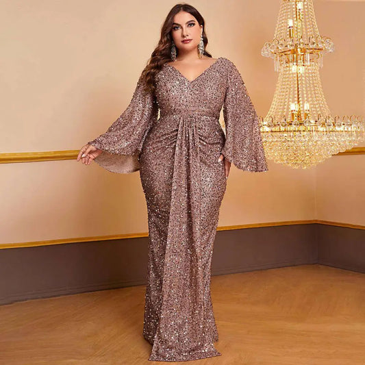Rose Gold V-Neck Sequin Long Sleeved Pleated Dress