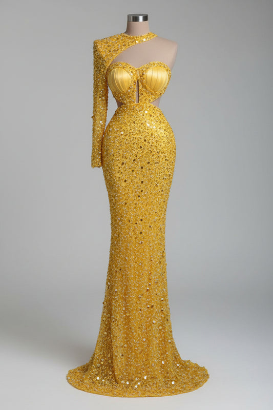 Luminous Muse | Sequin & Pearl Asymmetric Lace Gown