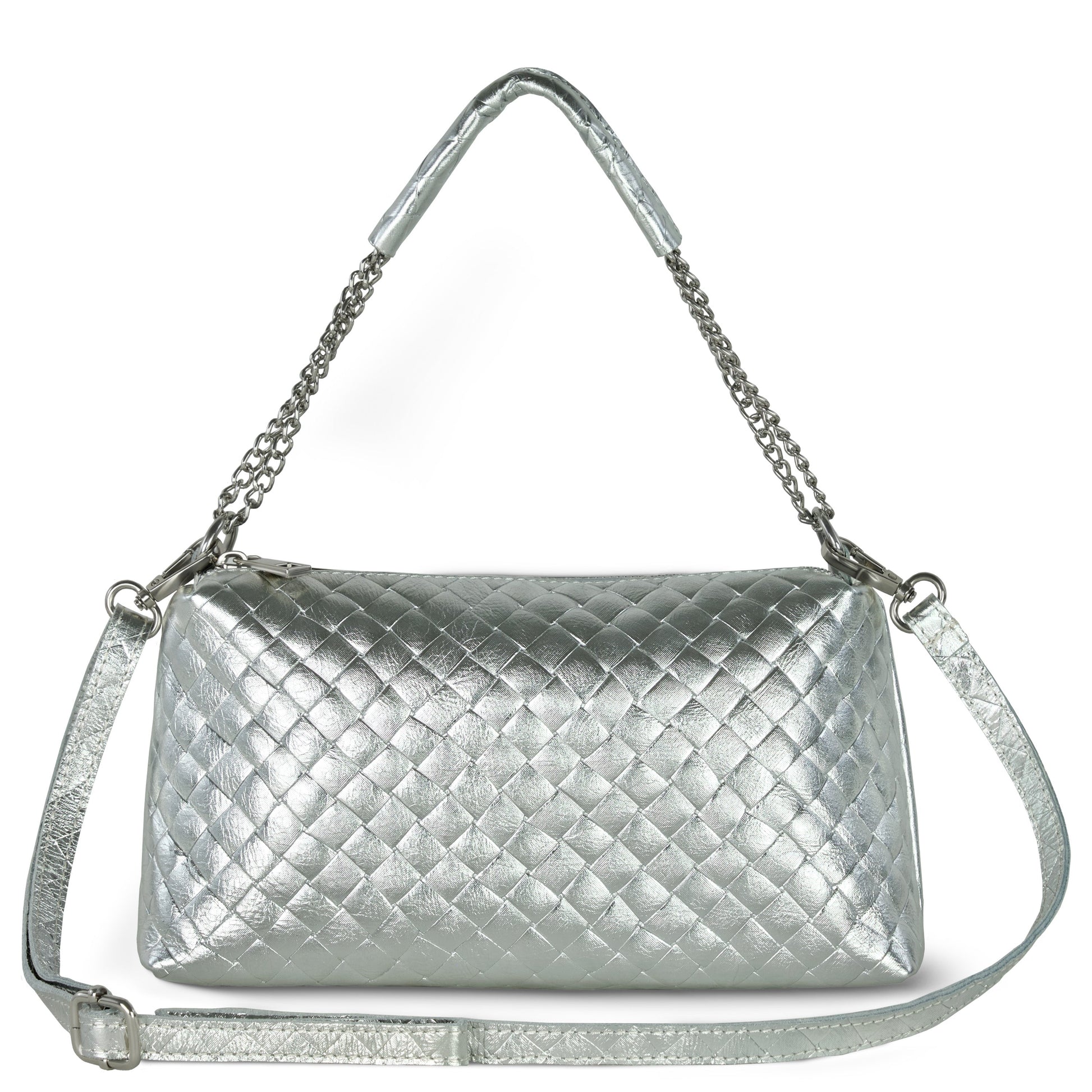 Italian Genuine Weave Metallic Suede Crossbody Bag 171522 Weave Metallic Silver