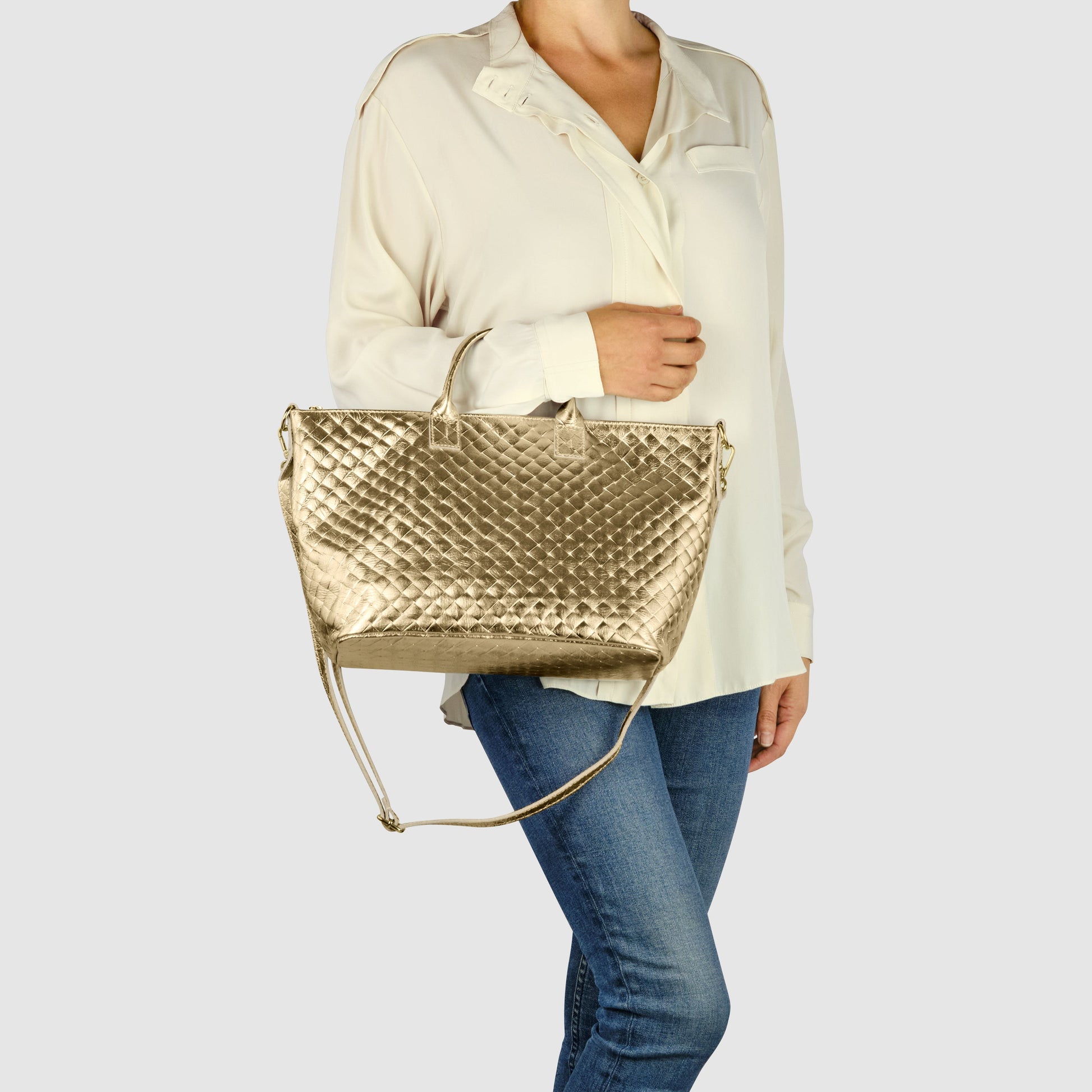 Italian Genuine Weave Metallic Suede Top-Handle Bag 112334
