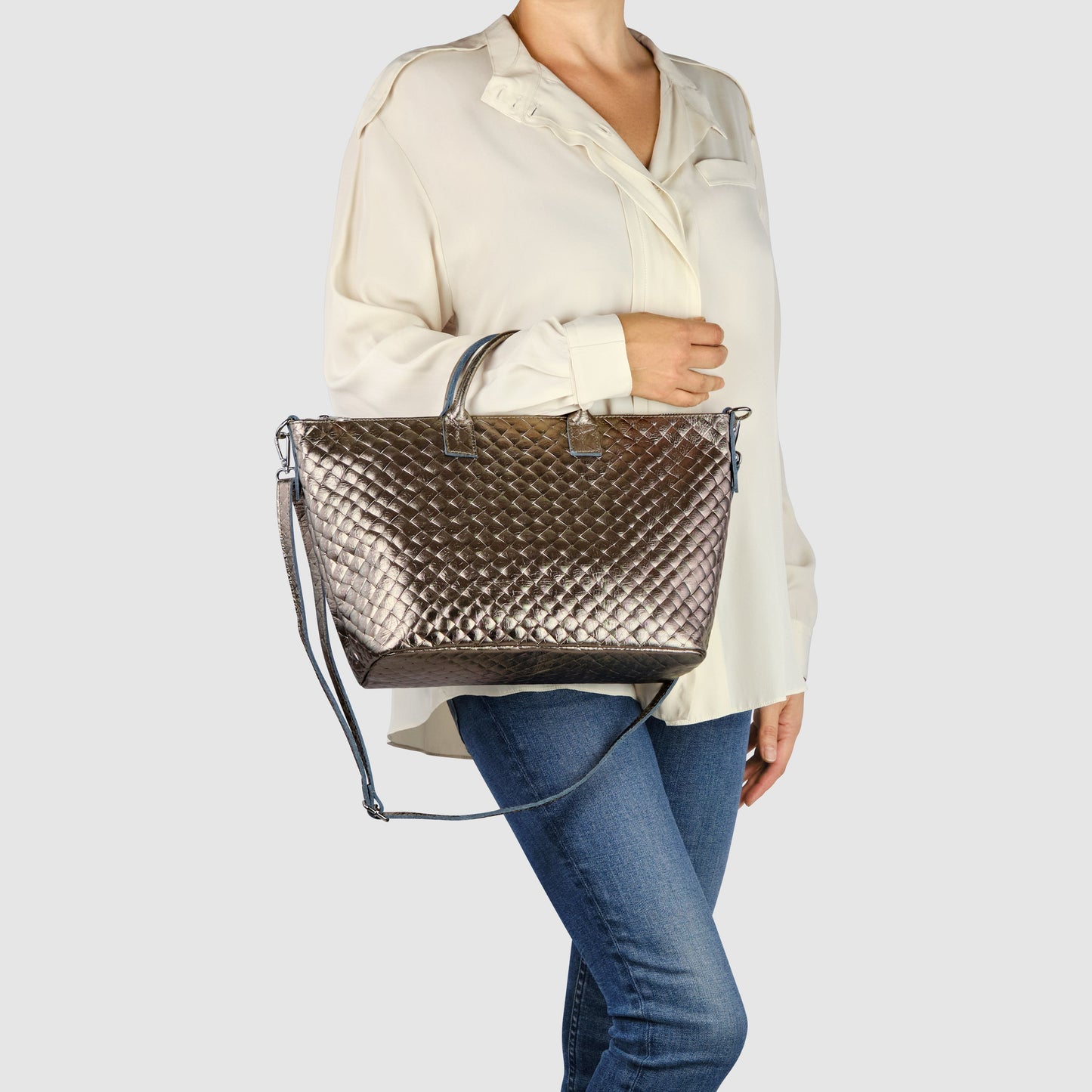 Italian Genuine Weave Metallic Suede Top-Handle Bag 112334