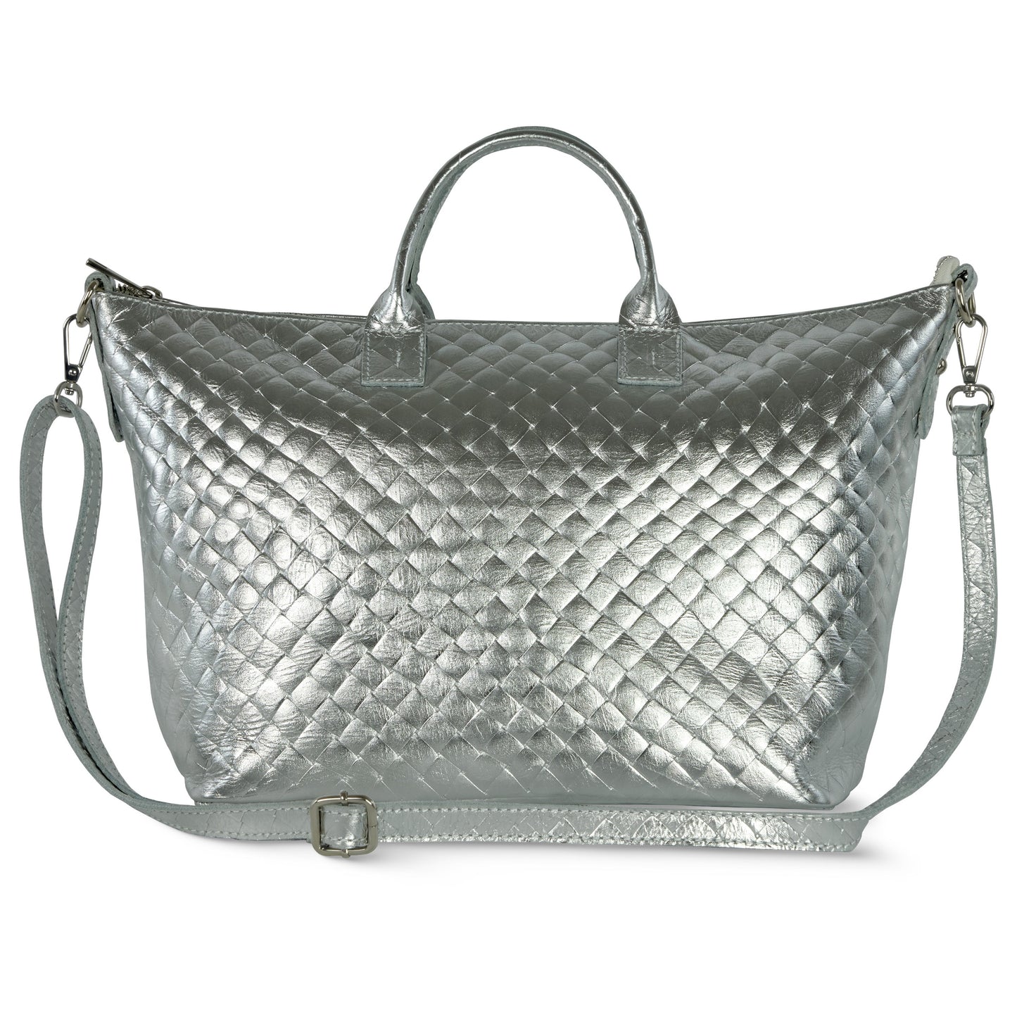 Italian Genuine Weave Metallic Suede Top-Handle Bag 112334 Weave Metallic Silver