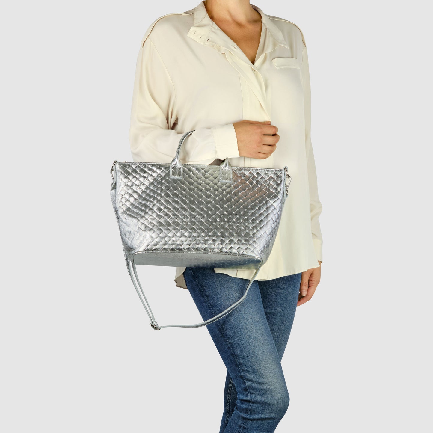 Italian Genuine Weave Metallic Suede Top-Handle Bag 112334