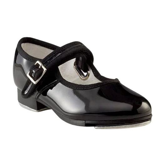 Black patent leather shoe with a strap and buckle on a white background