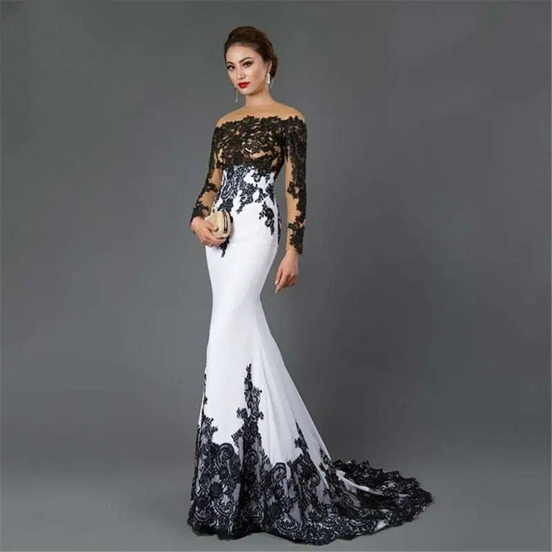 White Embroidered Lace Maxi Fishtail Slim Tail Gown Black and White