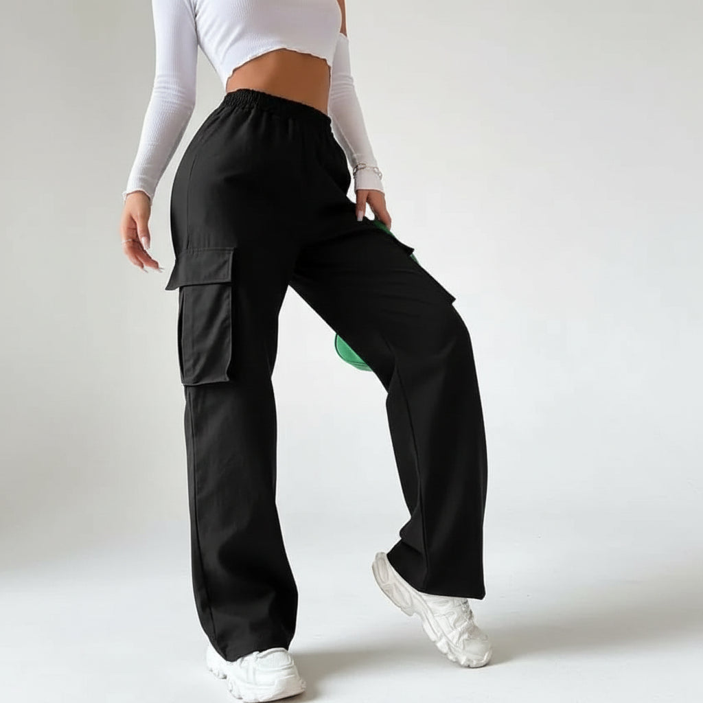 Women's Chinos Cargo Mid Waist Pants Black