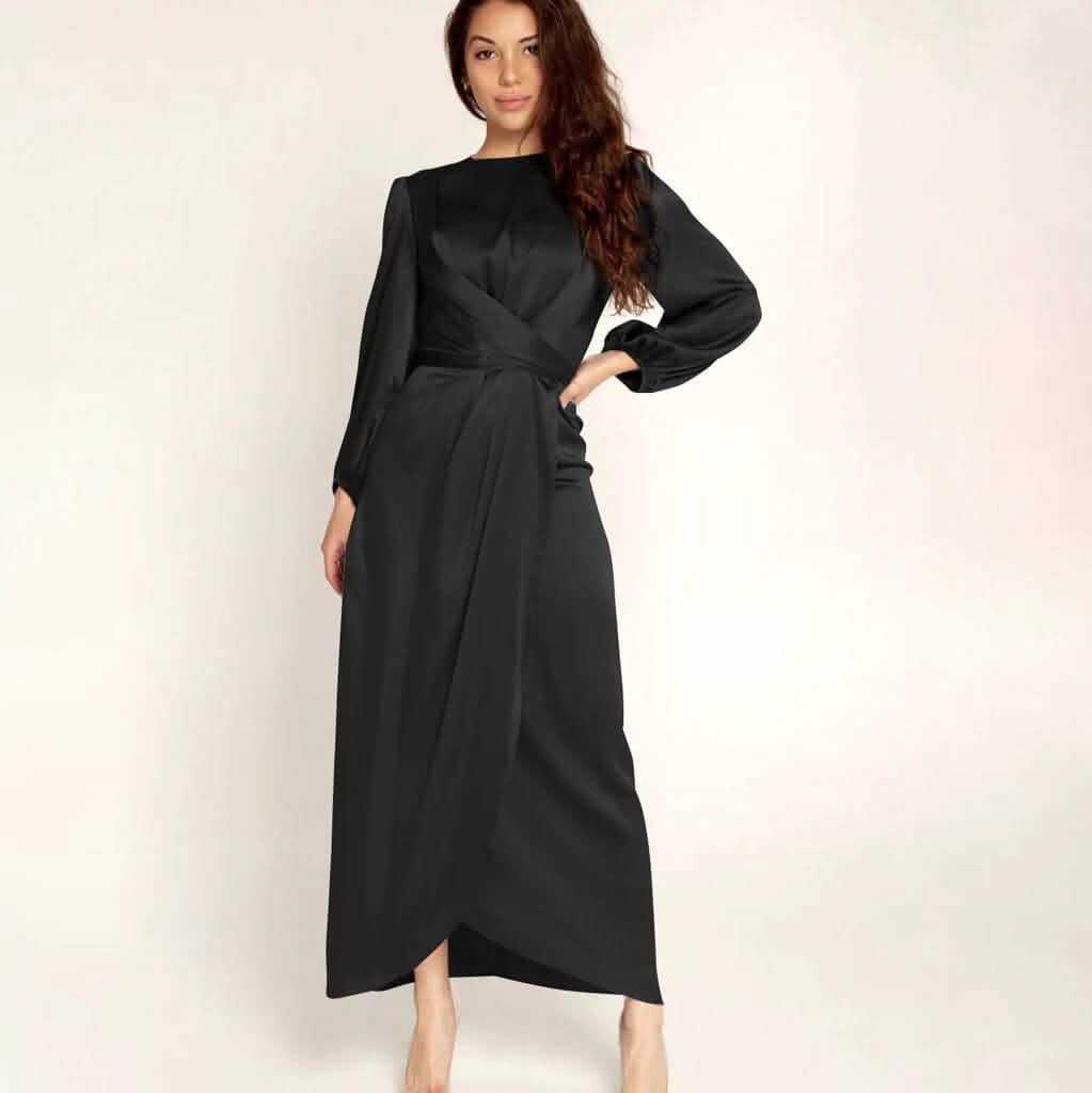 Satin Swing Maxi Dress | Long Sleeve Ruched Crew Neck Formal Dress Black