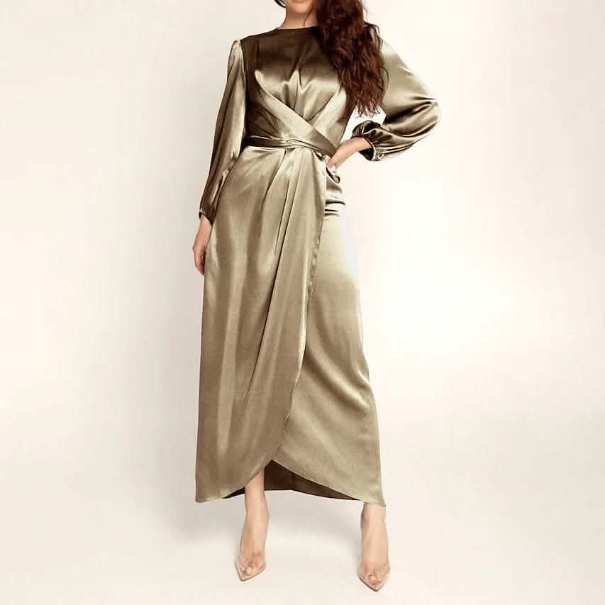 Satin Swing Maxi Dress | Long Sleeve Ruched Crew Neck Formal Dress Brown