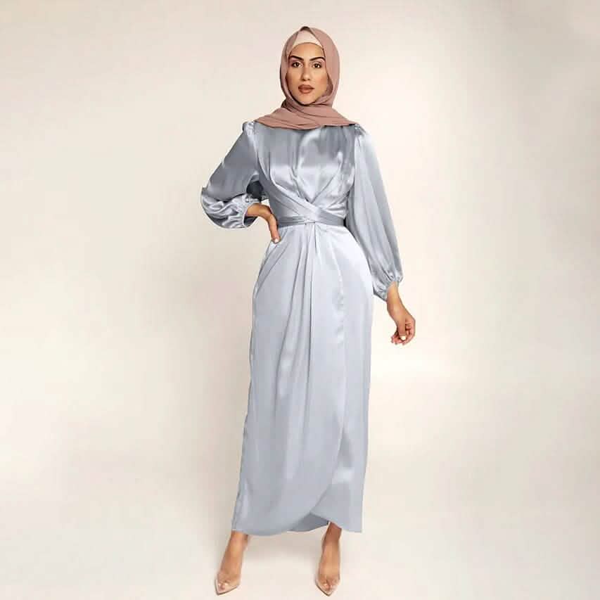 Satin Swing Maxi Dress | Long Sleeve Ruched Crew Neck Formal Dress Gray