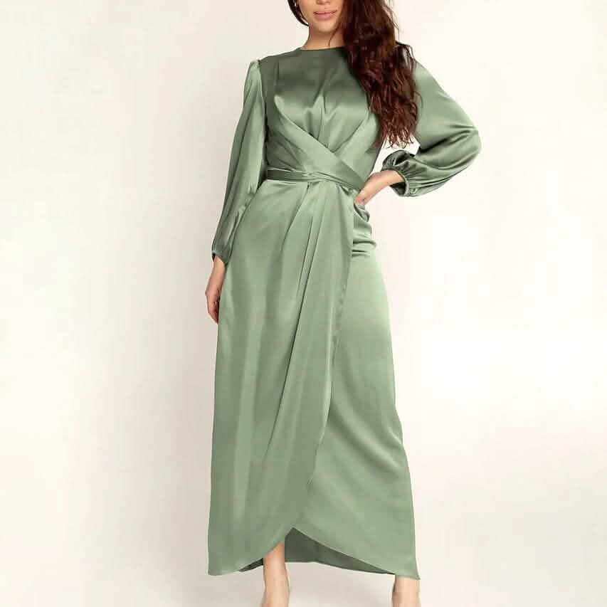 Satin Swing Maxi Dress | Long Sleeve Ruched Crew Neck Formal Dress Green