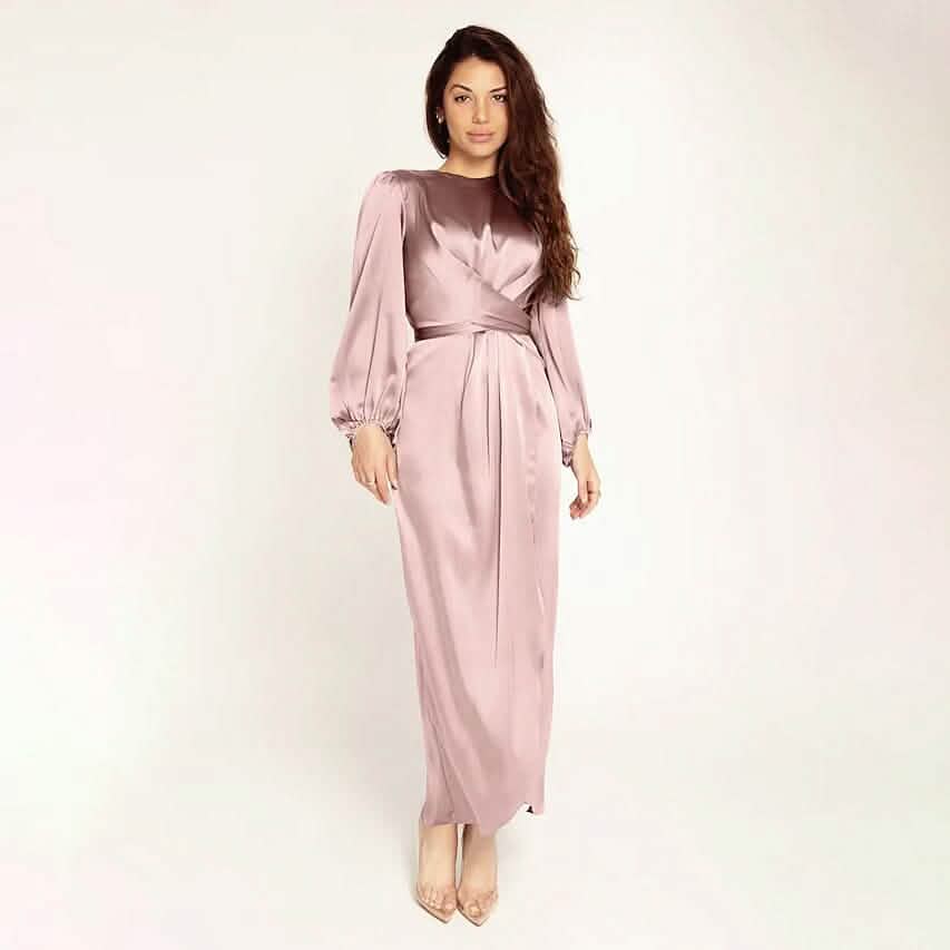 Satin Swing Maxi Dress | Long Sleeve Ruched Crew Neck Formal Dress Pink