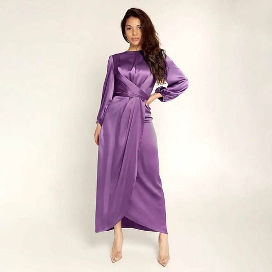 Satin Swing Maxi Dress | Long Sleeve Ruched Crew Neck Formal Dress Purple