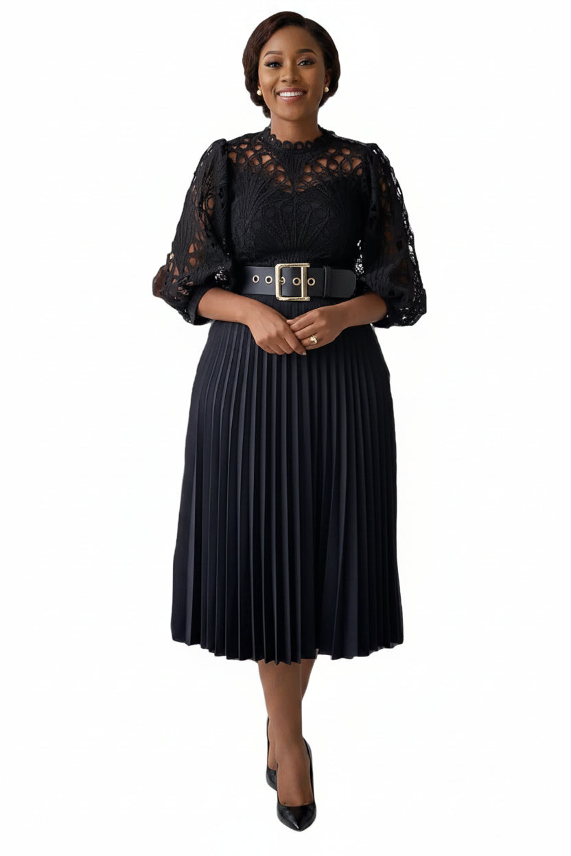 Pleated Sheath Knee Length Dress | Belted Crew Neck with Hollow Sleeve Detail Black