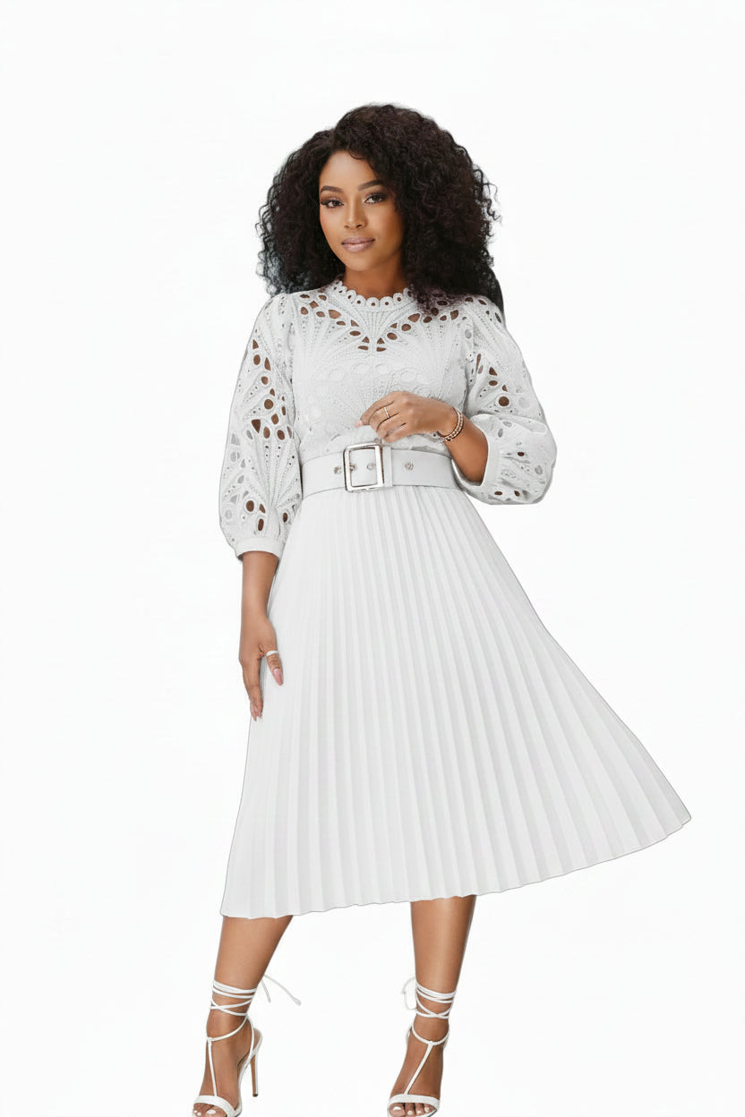 Pleated Sheath Knee Length Dress | Belted Crew Neck with Hollow Sleeve Detail White