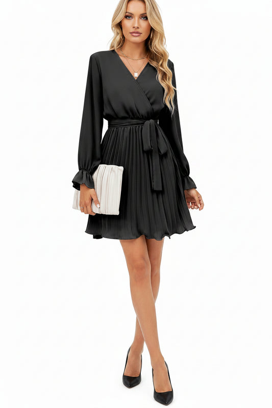 Wrap V-Neck Pleated Mini Dress | Lantern Sleeve A-Line with Belt Black