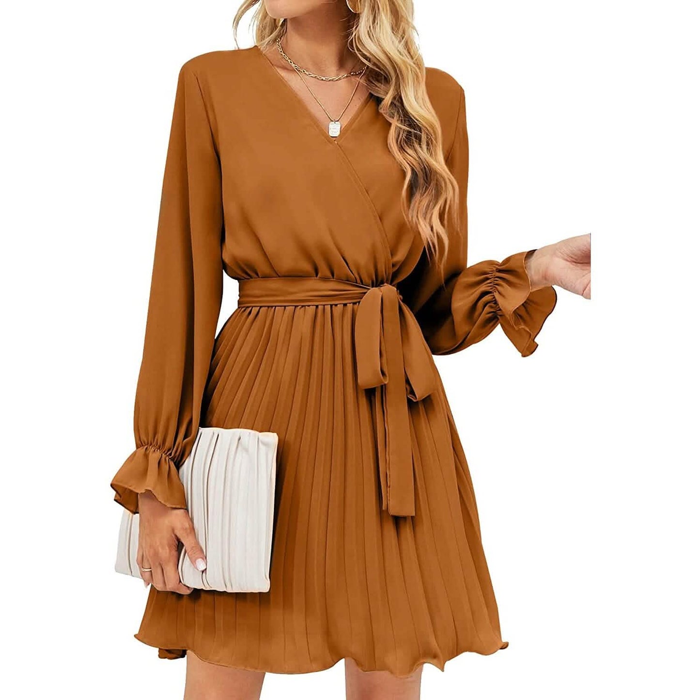Wrap V-Neck Pleated Mini Dress | Lantern Sleeve A-Line with Belt Brown